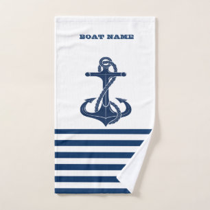 Schiffsname, Anker Navy Blau Weiße Streifen Badhandtuch Set