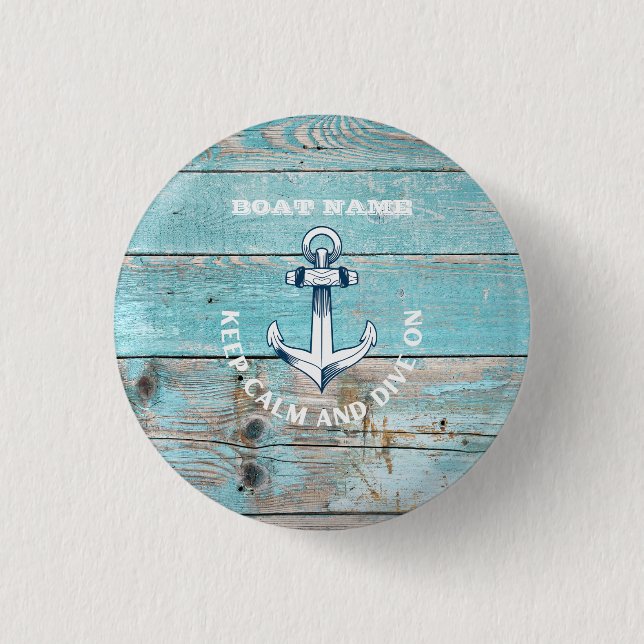 Schiffsname Anker Rustikales Holz Button (Vorderseite)