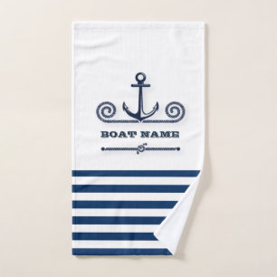 Schiffsname, Anker, Seil, marineblaue Streifen Badhandtuch Set