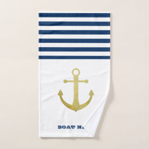Schiffsname, Goldener Anker  Marineblaue Streifen Badhandtuch Set