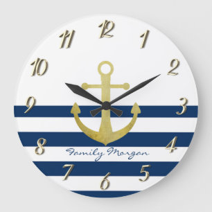 Schiffsname, Goldener Anker Marineblaue Streifen Große Wanduhr