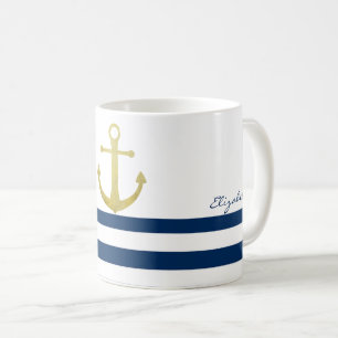 Schiffsname, Goldener Anker Marineblaue Streifen Kaffeetasse