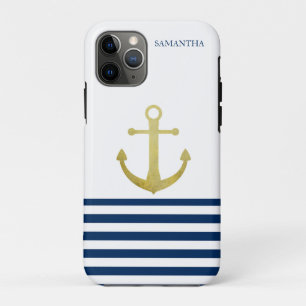 Schiffsname, Goldener Anker, Navyblau gestreift Case-Mate iPhone Hülle