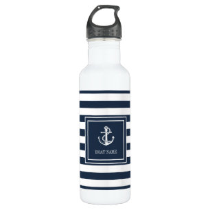 Schiffsname Navy Blau Streifen Maritimes Anker Edelstahlflasche