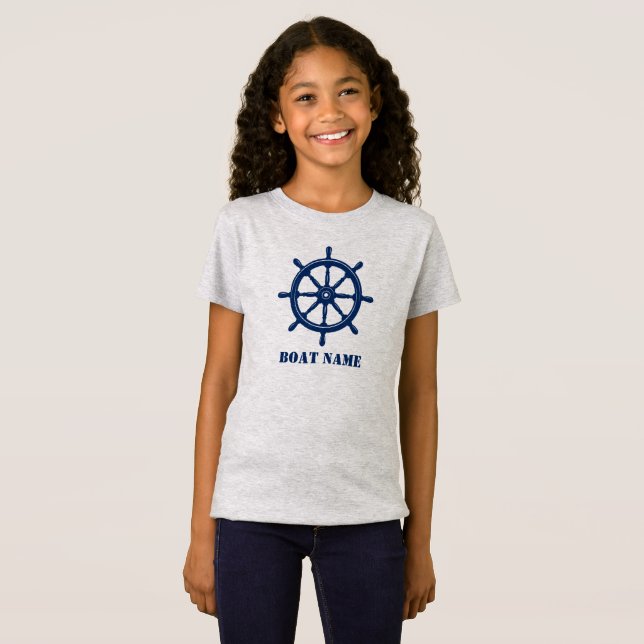 Schiffsname oder Ihr Name Helm Wheel Navy Gray T-Shirt (Vorne ganz)