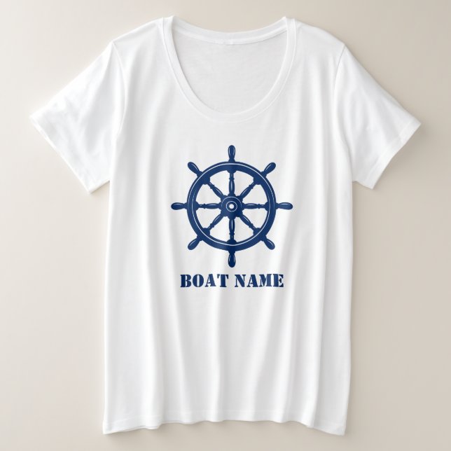 Schiffsname oder Ihr Name Helm Wheel Navy White Große Größe T-Shirt (Design vorne)