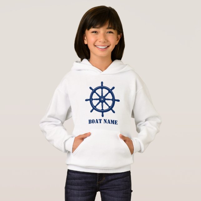 Schiffsname oder Ihr Name Helm Wheel Navy White Hoodie (Vorne ganz)