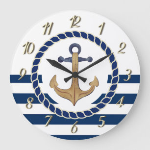 Schiffsname, Retro-Anker Marineblaugestreift Große Wanduhr