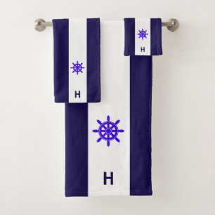 Schiffssteuerrad & Monogramm auf Blau & Weiß Badhandtuch Set
