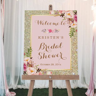 Schild für Brautparty Gold Glitter Rosa Floral