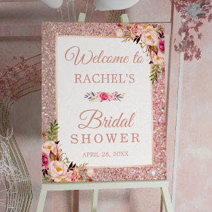 Schild für Brautparty mit rosa-goldenen Glitter-Bl