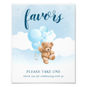 Schild für Teddybär mit blauen Ballons Geschenke