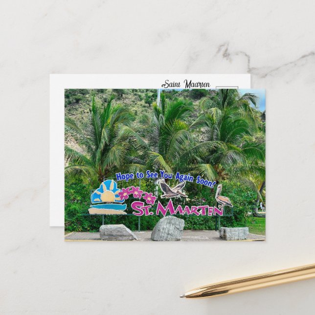 Schild Saint Maarten Postkarte (Vorderseite/Rückseite Beispiel)