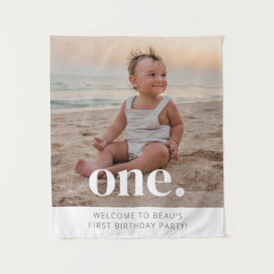 Schild zur Begrüßung zum 1. Geburtstag mit Foto Wandteppich