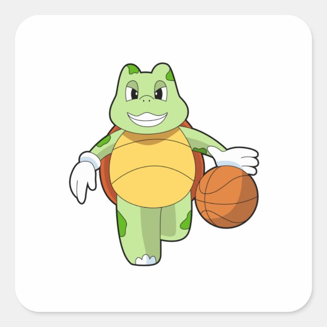 Schildkröte als Basketballspieler mit Basketball.P Quadratischer Aufkleber (Vorderseite)