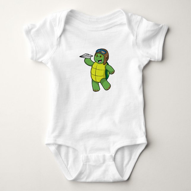 Schildkröte als Pilot mit Papier-Flugzeug Baby Strampler (Vorderseite)
