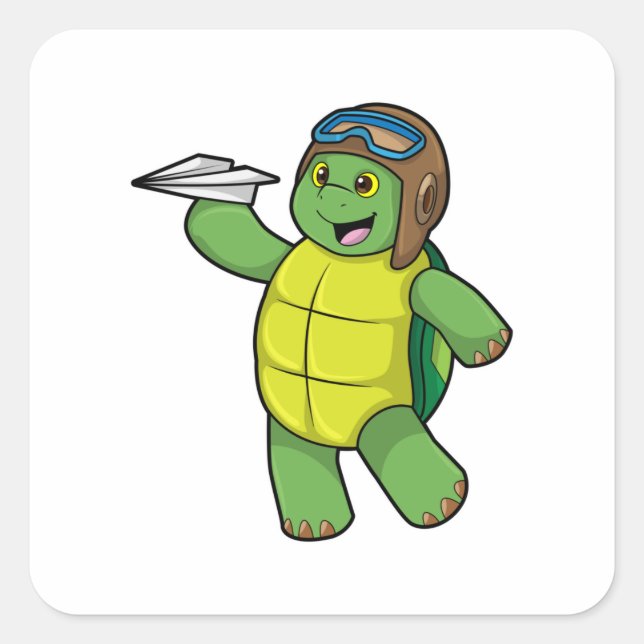 Schildkröte als Pilot mit Papier-Flugzeug Quadratischer Aufkleber (Vorderseite)