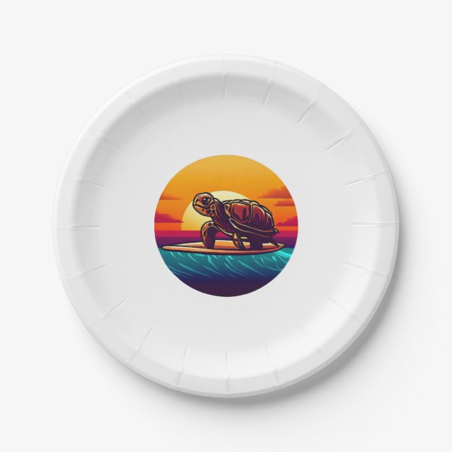 Schildkröte auf Surfboard Sonnenuntergang Pappteller (Vorderseite)