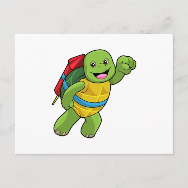 Schildkröte beim Fliegen mit Rakete Postkarte (Vorderseite)