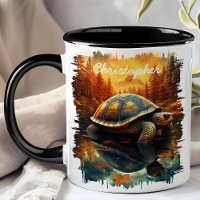 Schildkröte durch Herbstwald Reflektion See