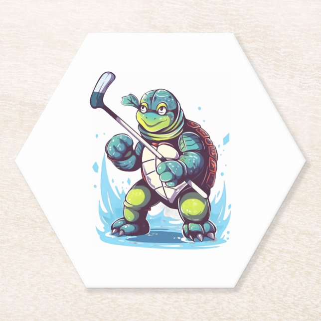 Schildkröte Eishockeyspieler Hockeyschläger Torwar Untersetzer (Vorderseite)