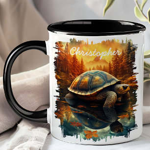 Schildkröte, gespiegelt im Herbstwaldsee Tasse