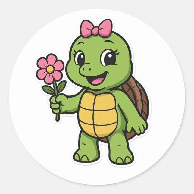 Schildkröte hält eine Blume Runder Aufkleber (Vorderseite)