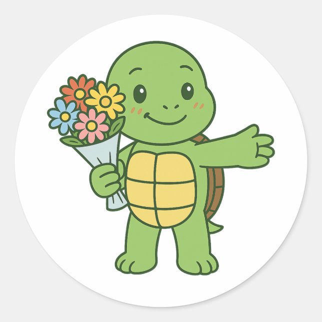 Schildkröte hält einen Blumenstrauß Runder Aufkleber (Vorderseite)