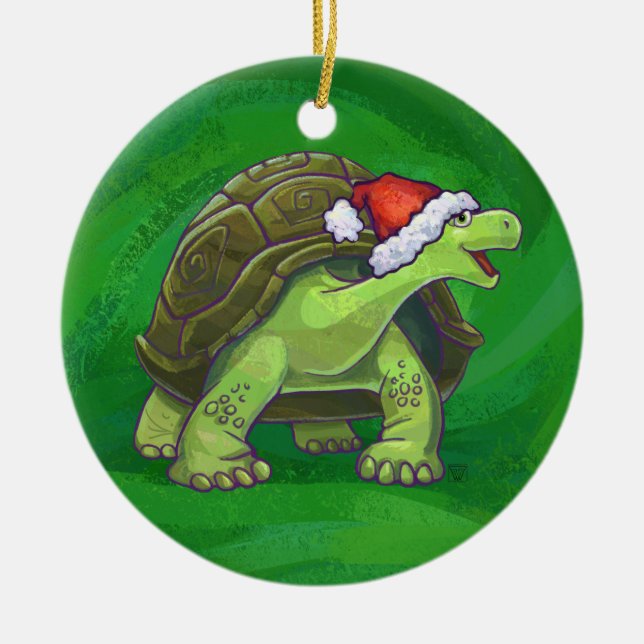 Schildkröte in der Weihnachtsmannmütze auf Grün Keramikornament (Vorne)