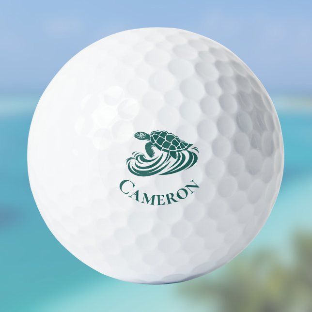 Schildkröte in Strandwellen Monogramm Name Golfball (Von Creator hochgeladen)
