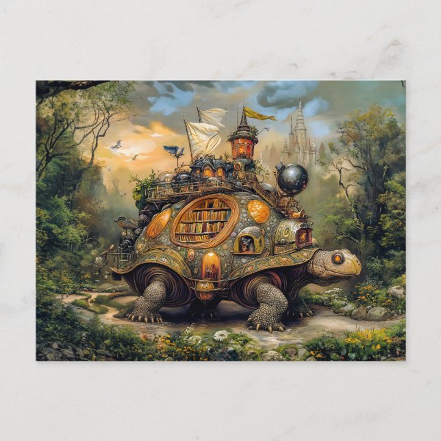 Schildkröte mit Bibliothek und Dachterrasse auf de Postkarte (Vorderseite)