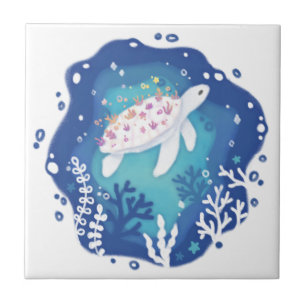 Schildkröte mit Korallen in Ocean Paper Art Illust Fliese