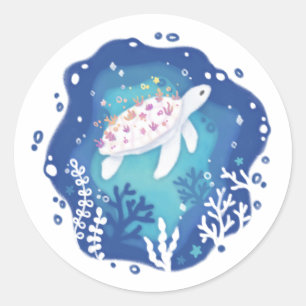 Schildkröte mit Korallen in Ocean Paper Art Illust Runder Aufkleber
