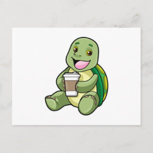 Schildkröte mit Schale und Kaffee zum Mitnehmen Postkarte