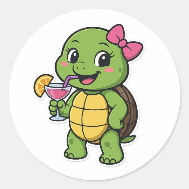 Schildkröte trinkt Cocktail Runder Aufkleber (Vorderseite)