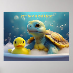 Schildkröte und Gummiente im Bad mit individuellem Poster
