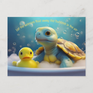 Schildkröte und Gummiente im Bad mit individuellem Postkarte