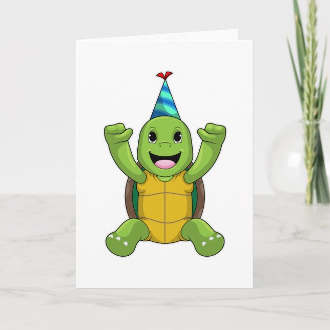 Schildkröte zum Geburtstag mit Party Hut Karte (Vorderseite)
