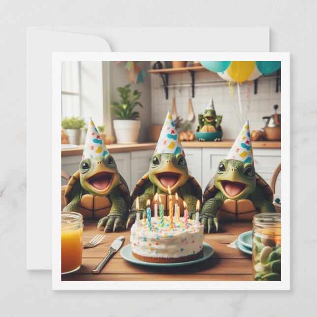 Schildkröten feiern Geburtstag mit Kuchen und Hüte Einladung (Vorderseite)