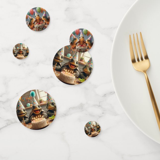 Schildkröten feiern Geburtstag mit Kuchen und Hüte Konfetti (Gruppe)