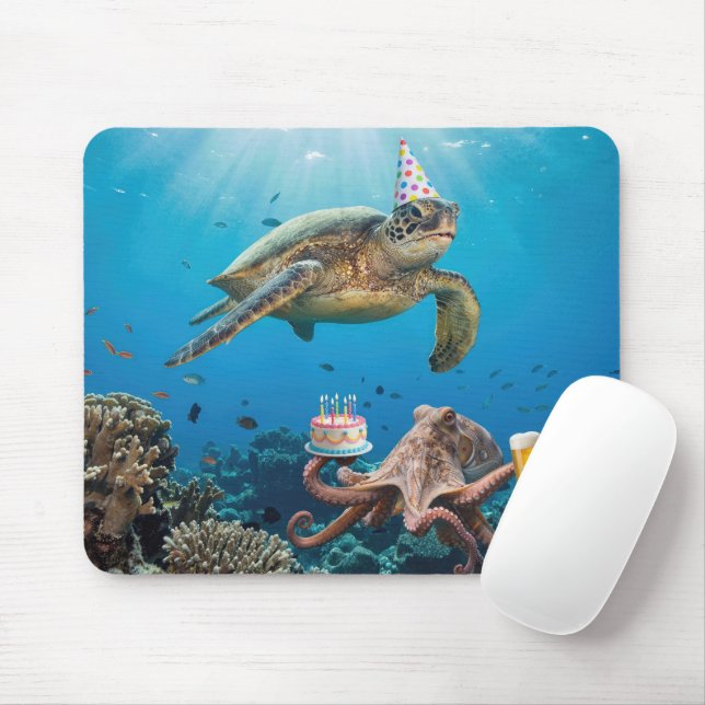 Schildkröten-Geburtstagsfeier mit Oktopus Mousepad (Mit Mouse)