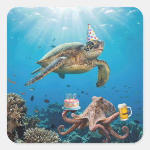 Schildkröten-Geburtstagsfeier mit Oktopus Quadratischer Aufkleber