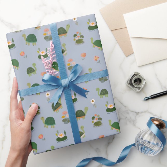Schildkröten & Seerosenblätter auf Hellblau Geschenkpapier (Schenken)