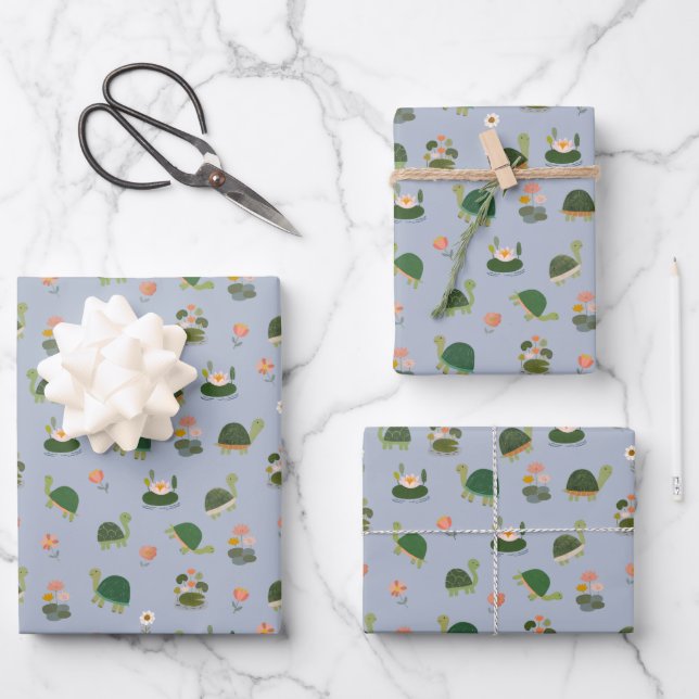 Schildkröten & Seerosenblätter auf Hellblau Geschenkpapier Set (Vorderseite)