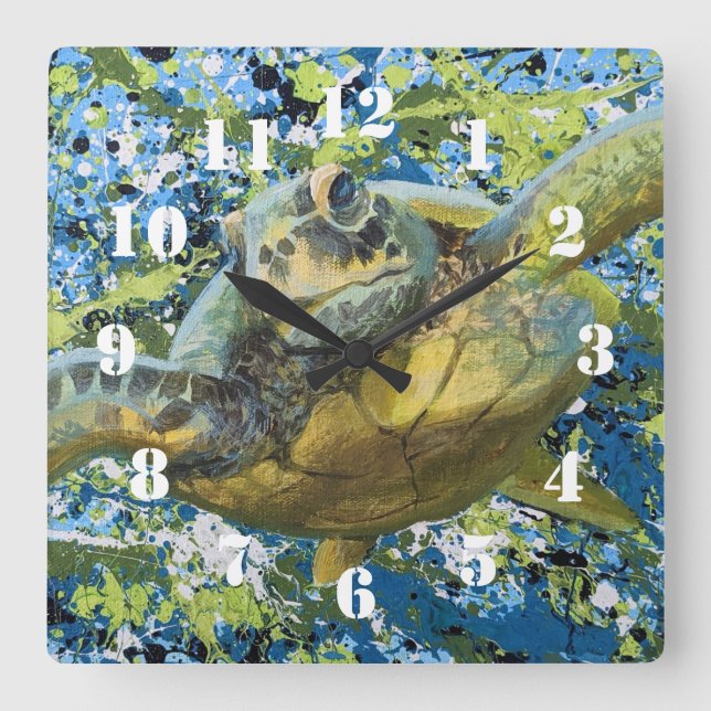 Schildkröten-Splatter-Kunst Quadratische Wanduhr (Vorderseite)