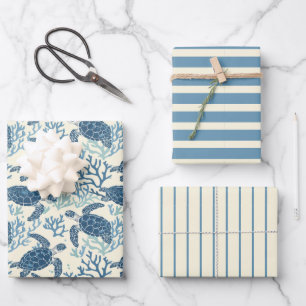 Schildkröten und Streifen aus Blauem und Cremees Geschenkpapier Set