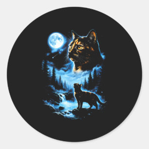 Schildpattkatze Vollmond mystischer Wald Vintage Runder Aufkleber