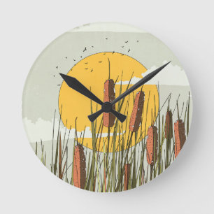 Schilf im Sonnenuntergang Runde Wanduhr