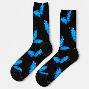 Schillernde blaue Schmetterlinge Socken mit schwar