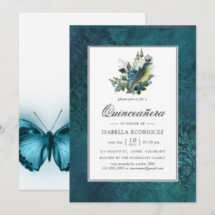 Schillernde blaue Vintage-Wild-Wald-Quinceañera Einladung